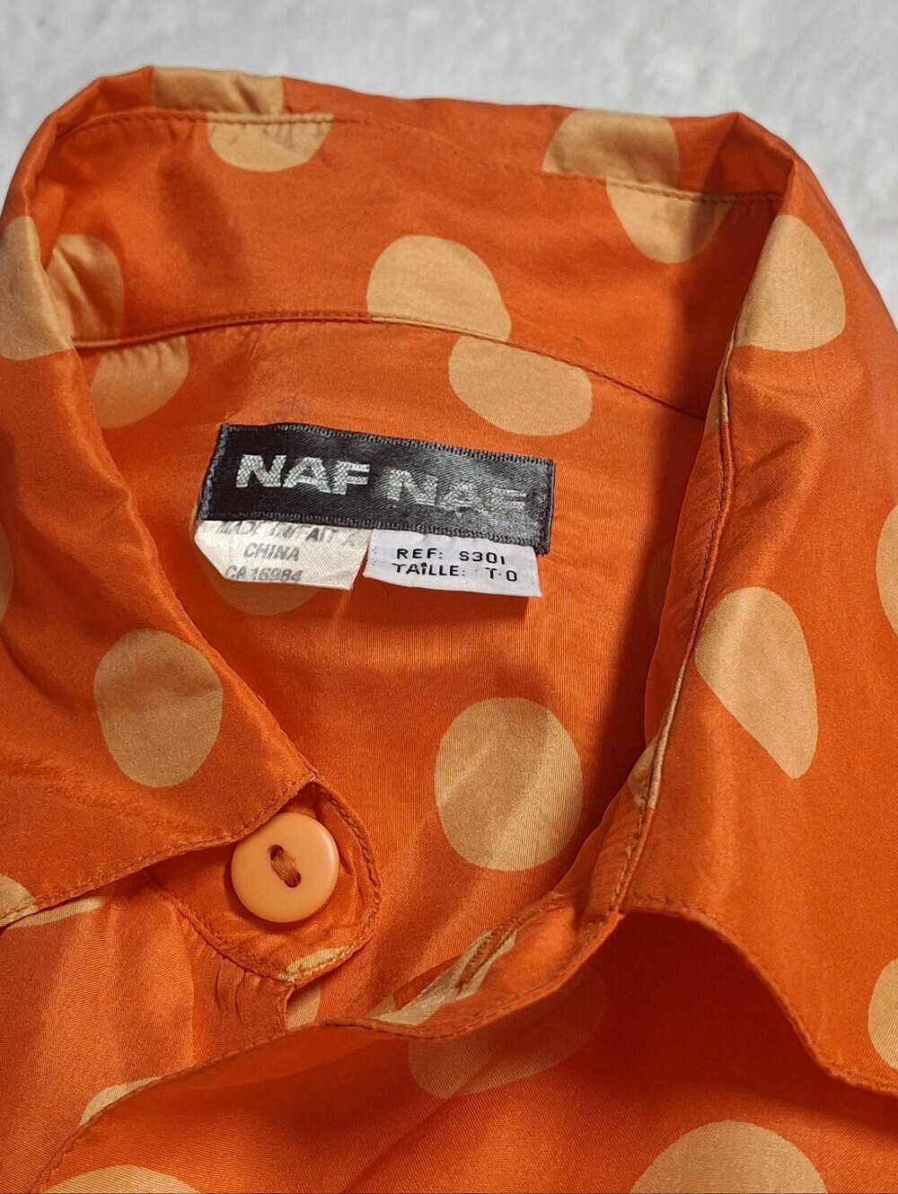 NAF NAF Paris Silk Orange with Beige Polka-Dots Button-Up Blouse Size X-Large - Picture 5 of 16